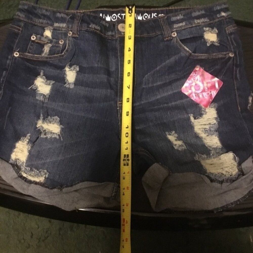 Almost Famous Dark Wash Distressed Destroyed bottom cuff Jean Denim shorts 13 - Picture 6 of 12